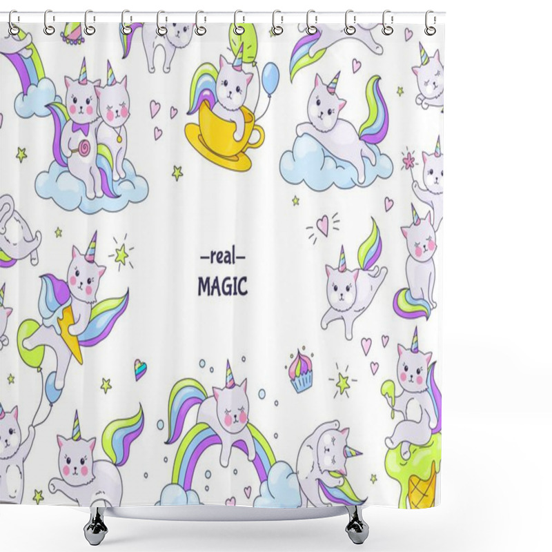 Personality  Unicorn Cats Stickers. Border Of Funny Animal Characters, Doodle Kittens On Rainbows And Clouds With Kawaii Faces. Vector Hand Drawn Set Shower Curtains