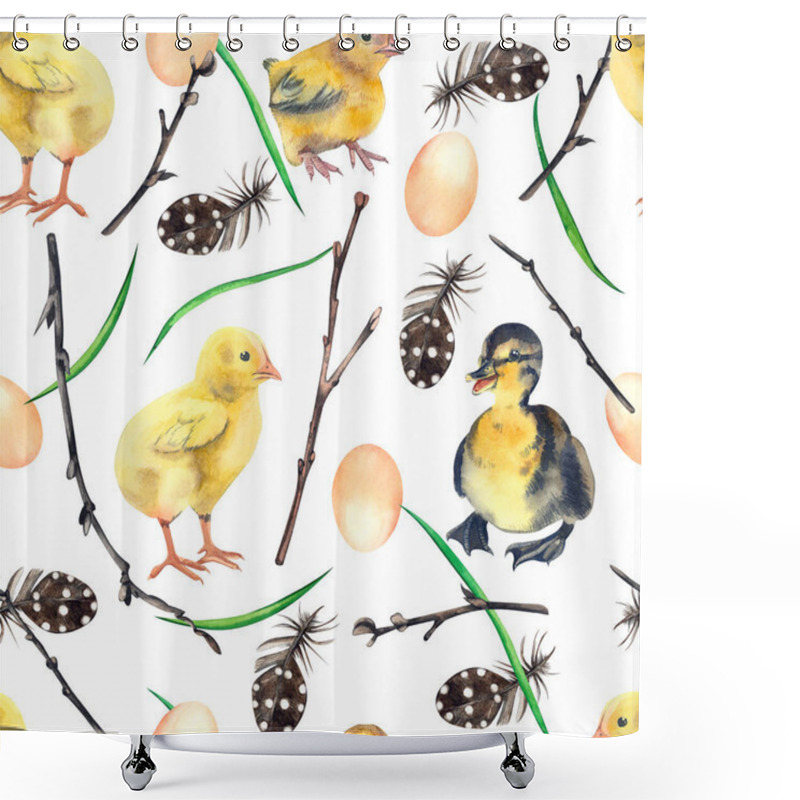 Personality  Seamless Pattern With Chickens, Ducklings, Spring Twigs, Feathers And Eggs Hand-painted In Watercolor On A White Background. Suitable For Design, Textiles, Creating Postcards And Other Decor. Shower Curtains