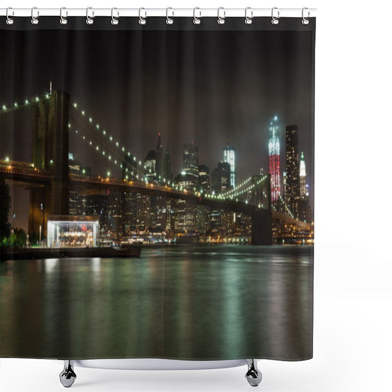 Personality  Manhattan Skyline By Night From Brooklyn Bridge Park Shower Curtains