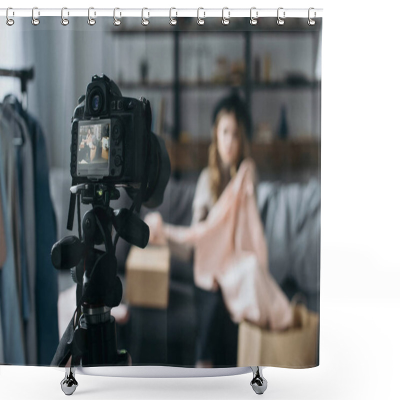 Personality  Young Fashion Vlogger Sitting In Front Of Camera With Shirt  Shower Curtains