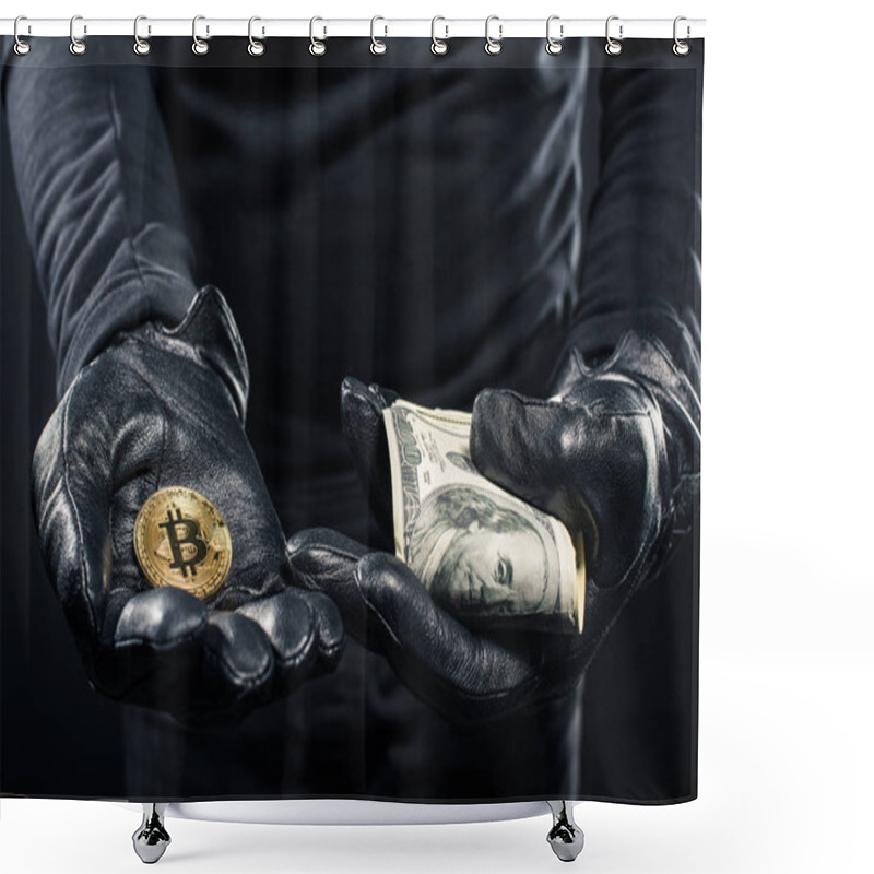 Personality  Close-up View Of Dollars And Bitcoin In Hands Of Thief Shower Curtains