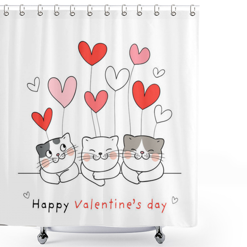 Personality  Cute Cats With Hearts Balloons For Valentines Day Card Design Shower Curtains