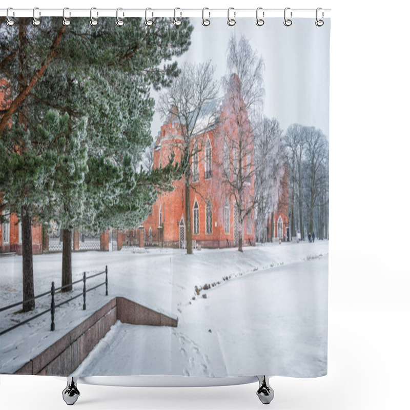 Personality  Pavilion Admiralty In Tsarskoye Selo On The Big Pond And Green Pines In The Winter Snowy Day Shower Curtains