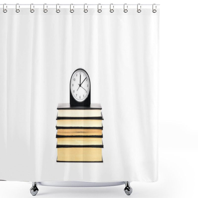 Personality  Clock And Stack Of Books Isolated On White Shower Curtains