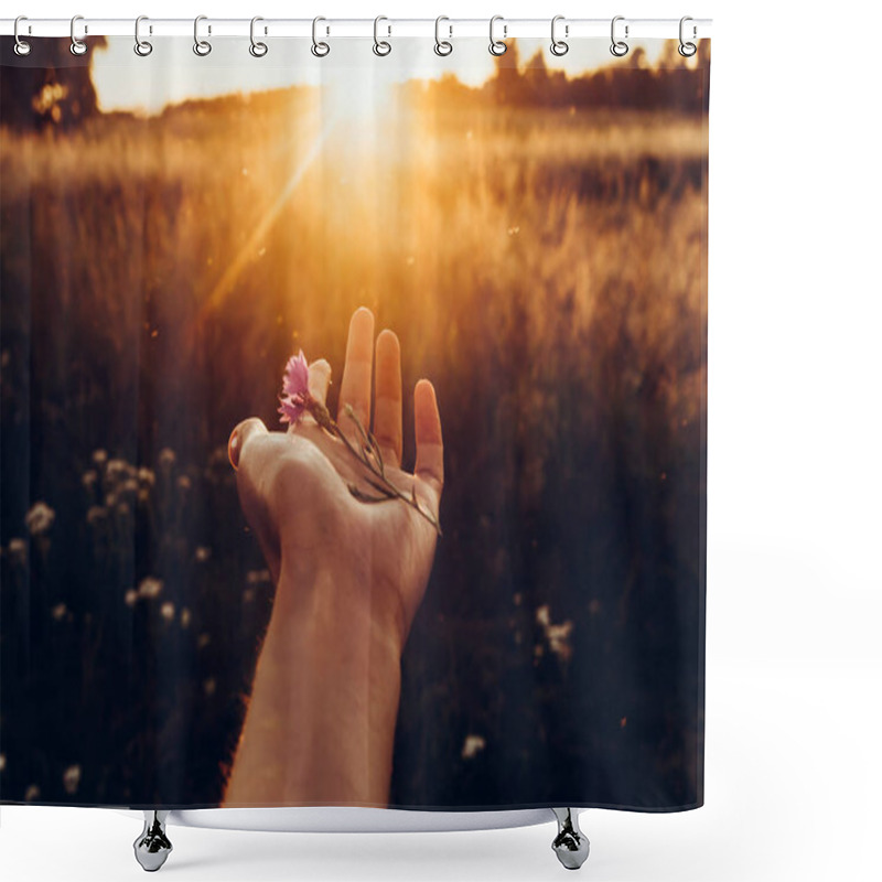 Personality  Hand Holding Cornflower At Sunset  Shower Curtains