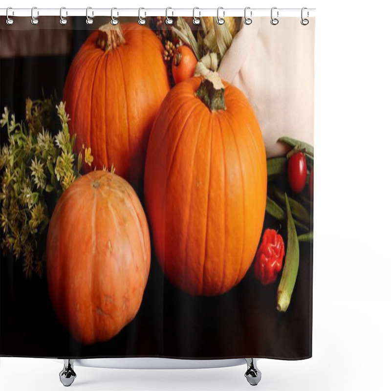 Personality  Pumpkins, Peppers, Corn Evoke Vibrant Harvest Scene. Cozy Seasonal Atmosphere With Rustic Charm Enhances Autumn Gatherings, Creating Festive Decor, Ideal For Fall Harvest Setup. Shower Curtains