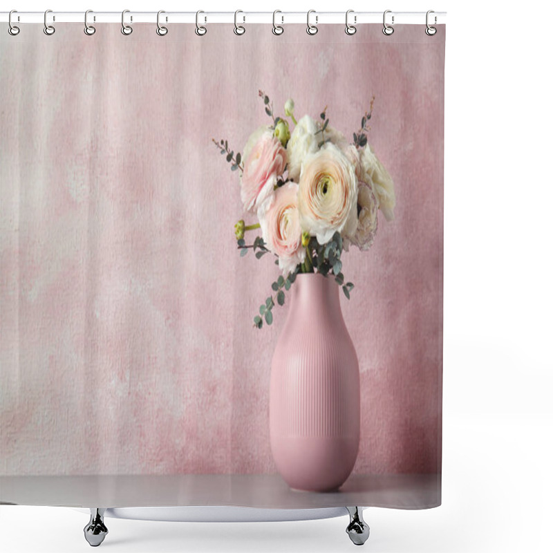 Personality  Vase With Beautiful Spring Ranunculus Flowers On Table, Space For Text Shower Curtains