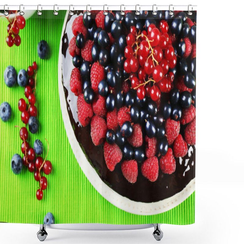 Personality  Delicious Chocolate Cake With Summer Berries On Green Tablecloth, Top View Shower Curtains