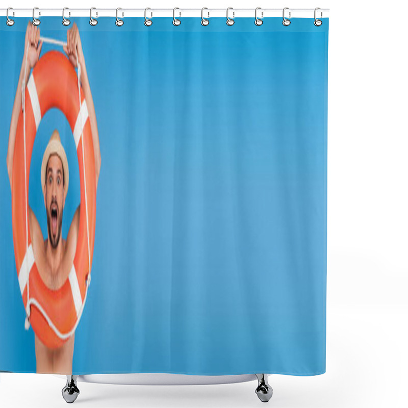 Personality  Amazed Shirtless Man Holding Life Buoy Isolated On Blue, Banner  Shower Curtains