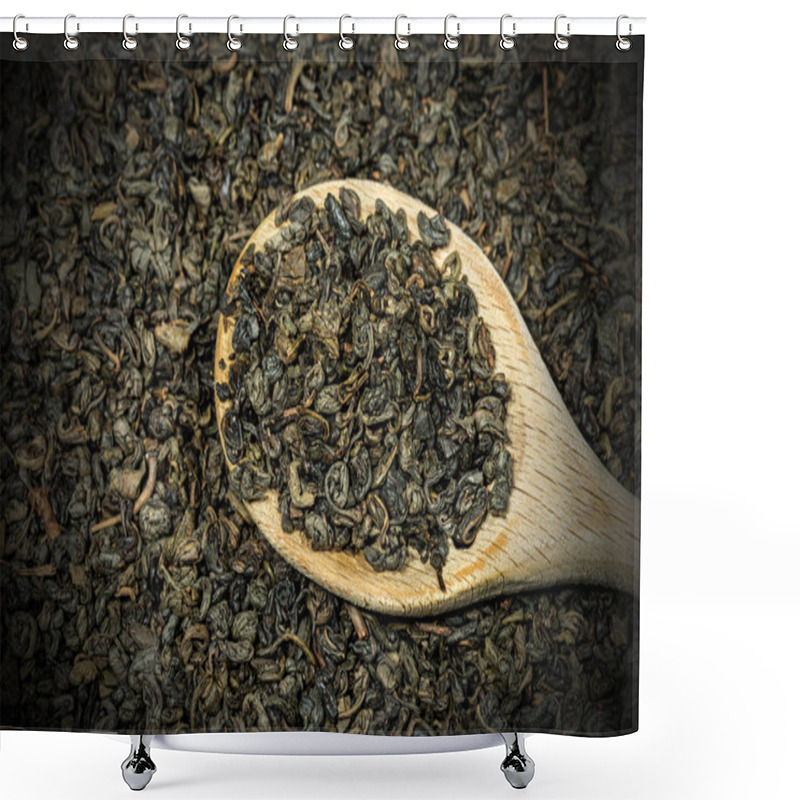 Personality  Dried Leaves Of Green Gunpowder Tea On A Wooden Spoon Shower Curtains