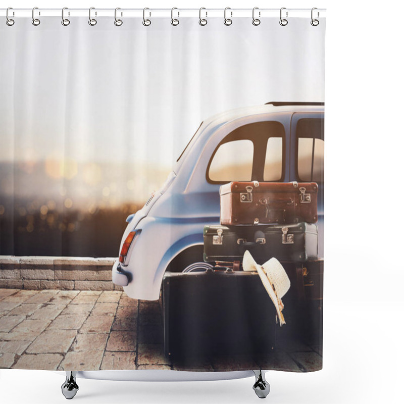 Personality  Car On The Road Ready For Summer Holiday During Sunset With Luggage Shower Curtains