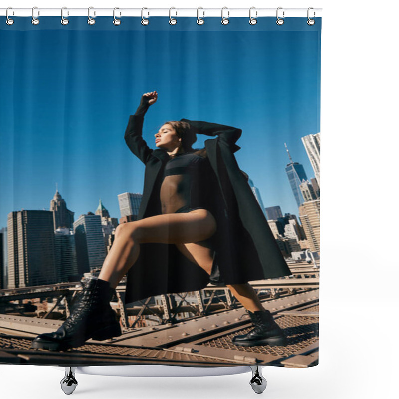 Personality  A Woman Dances On A Bridge In New York City, With A Cityscape Behind Her. Shower Curtains