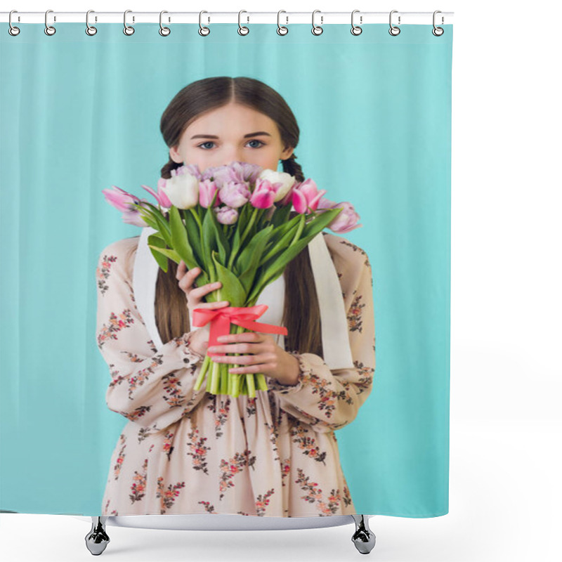 Personality  Attractive Girl In Summer Dress Holding Bouquet Of Tulips, Isolated On Blue Shower Curtains