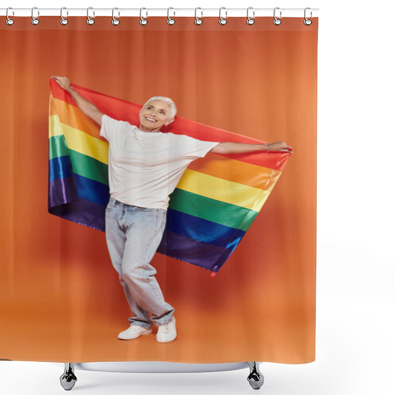 Personality  A Stylish Woman Joyfully Holds A Rainbow Flag, Radiating Pride And Confidence. Shower Curtains