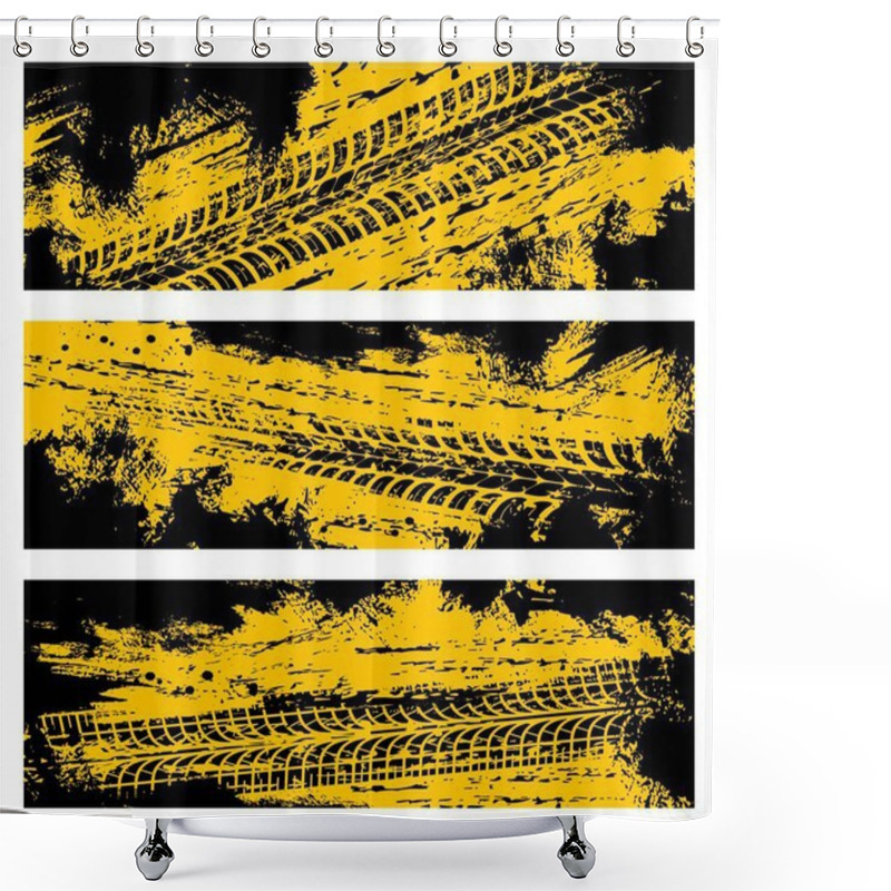 Personality  Tyre Tracks, Off Road Tire Prints, Grunge Vector Car Treads, Black And Yellow Spots And Marks. Rally, Motocross Bike Protectors, Vehicle, Transportation Dirty Wheels Trace. Quality Service Banners Set Shower Curtains