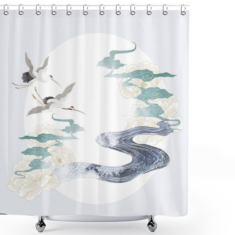 Personality  Crane Birds Element With Art Abstract Banner Design. Japanese Background With Black And Grey Watercolor Texture Vector. Peony Flower, Hand Drawn Wave Chinese Cloud Decorations In Vintage Style Shower Curtains