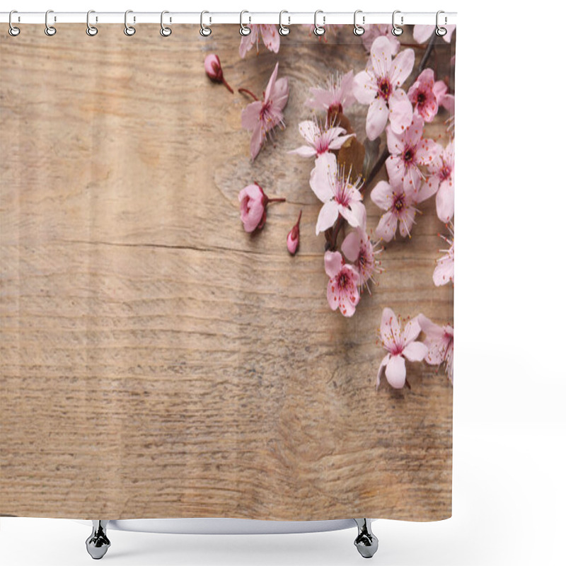 Personality  Beautiful Spring Tree Blossoms On Wooden Table, Flat Lay. Space For Text Shower Curtains