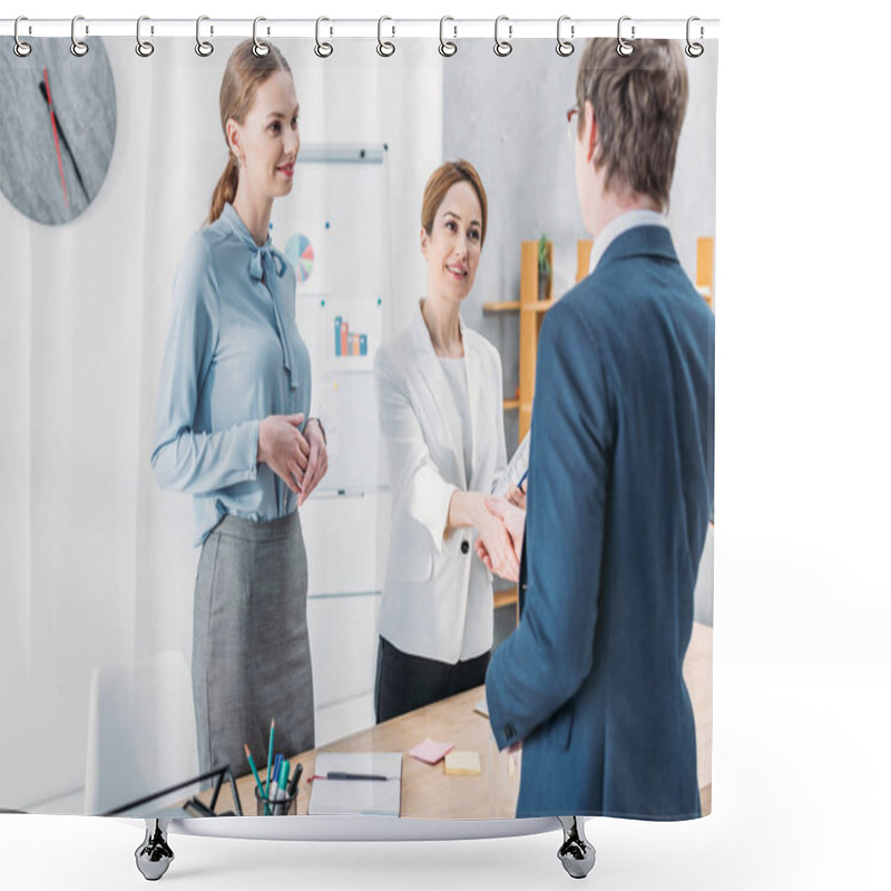 Personality  Back View Of Man Shaking Hands With Happy Recruiter Near Colleague Standing With Clenched Hands In Office Shower Curtains