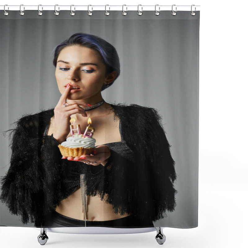 Personality  A Young Woman With Short Dyed Hair Poses In A Black Jacket, Holding A Delicious Cupcake. Shower Curtains