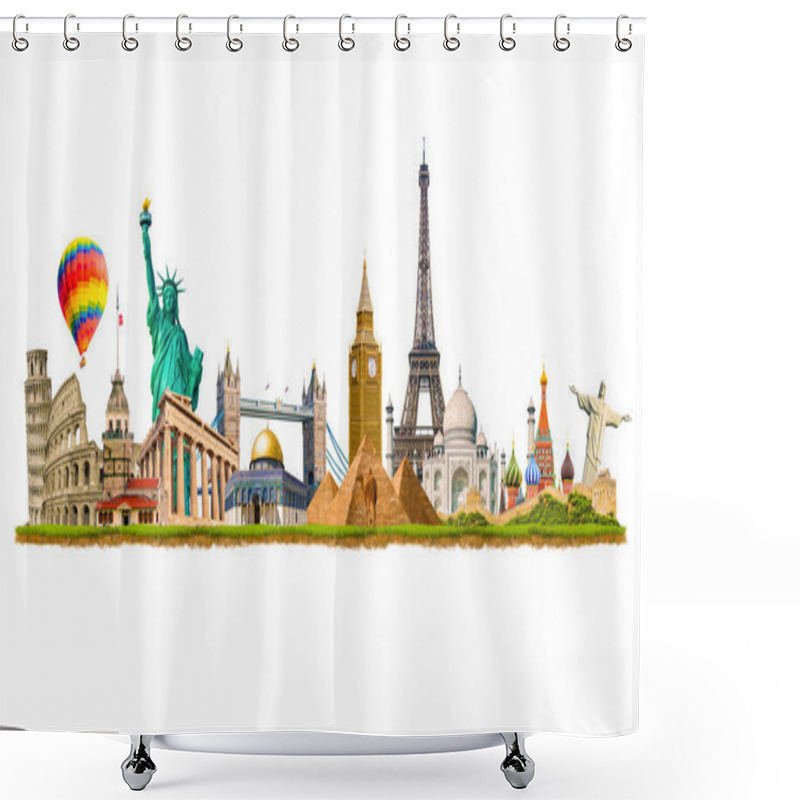 Personality  Tower Of Pisa, Colosseum, Maiden's Tower, Statue Of Liberty, Clock Tower, Pyramids, Eiffel Tower, Taj Mahal, Great Wall. The World's Most Famous Tourist Structures. Photo Manipulation. 3D Illustration Shower Curtains