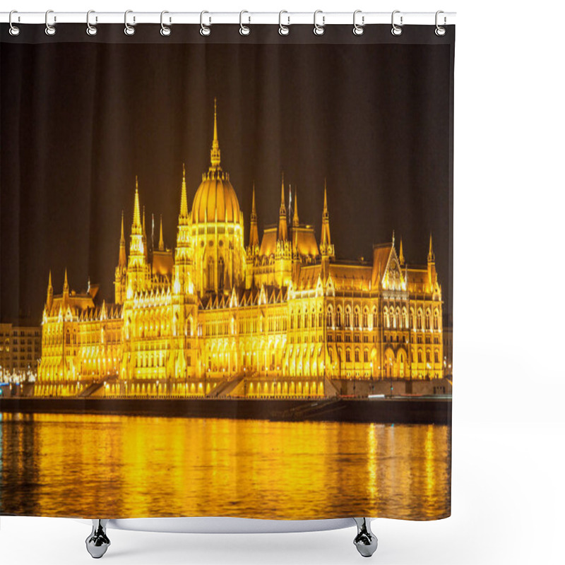 Personality  Illuminated Historical Building Of Hungarian Parliament On Danube River Embankment In Budapest By Night Shower Curtains