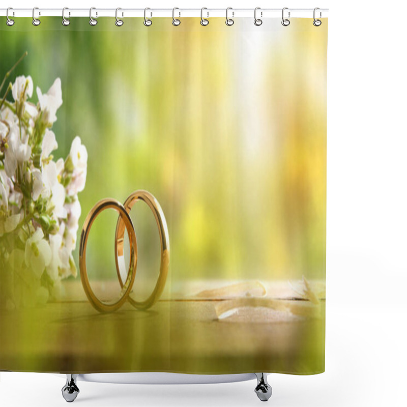 Personality  Detail Of Two Gold Rings On A Rustic Wooden Table With Flower Bouquet Outside With Nature Background. Front View. Shower Curtains