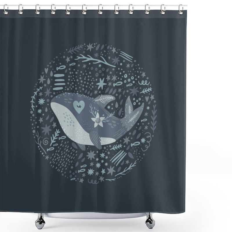 Personality  Nursery Poster With Cute Animal, Kids Wall Art With Whale And Flower, Pattern. Sea Inhabitants. Children Print Shower Curtains