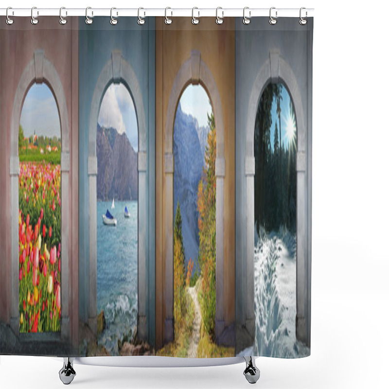 Personality  Collage Four Seasons - Tulip Field, Garda Lake, Karwendel Valley Shower Curtains