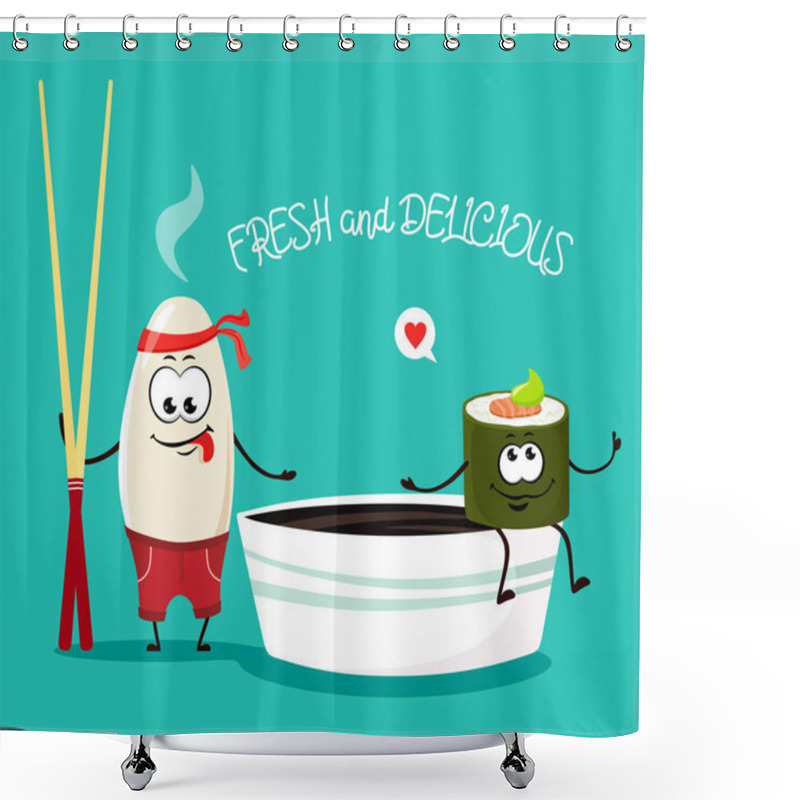 Personality  Funny Rice With Japanese Chopsticks And Roll With Soy Sauce In Cartoon Style. Vector Illustration Shower Curtains