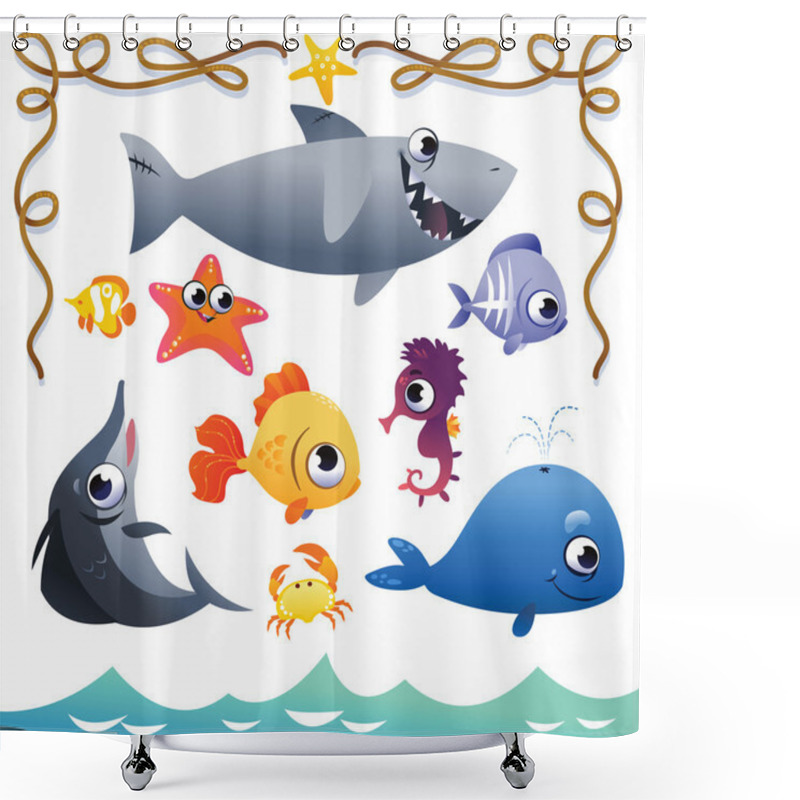 Personality  Vector Set Of Cute Sea Animals And Rope Frame. Shower Curtains