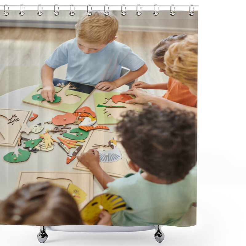 Personality  Overhead View Of Multiethnic Kids And Teacher Using Didactic Materials In Montessori School Shower Curtains