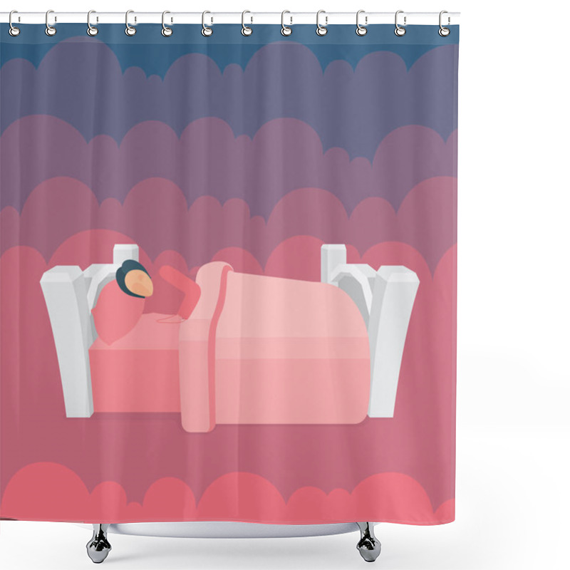 Personality  Fairy Bedroom In Clouds. White Bed With Clouds On Background. Good Sleep And Awake Concept Metaphor. Part Of Set.  Shower Curtains