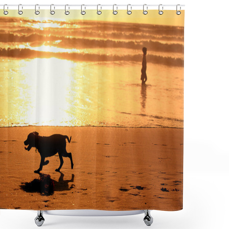 Personality  Silhouettes Of Running Dog And A Man On The Beach During Sunset Shower Curtains