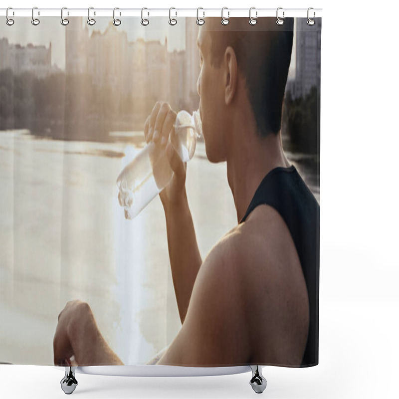 Personality  Young Bi-racial Man Drinking Water Over River At Dawn Shower Curtains