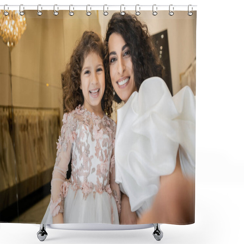 Personality  Cheerful Little Girl In Floral Attire Smiling Near Charming Mother In White Wedding Dress With Puff Sleeves And Ruffles While Looking At Camera Together In Bridal Boutique, Selfie  Shower Curtains