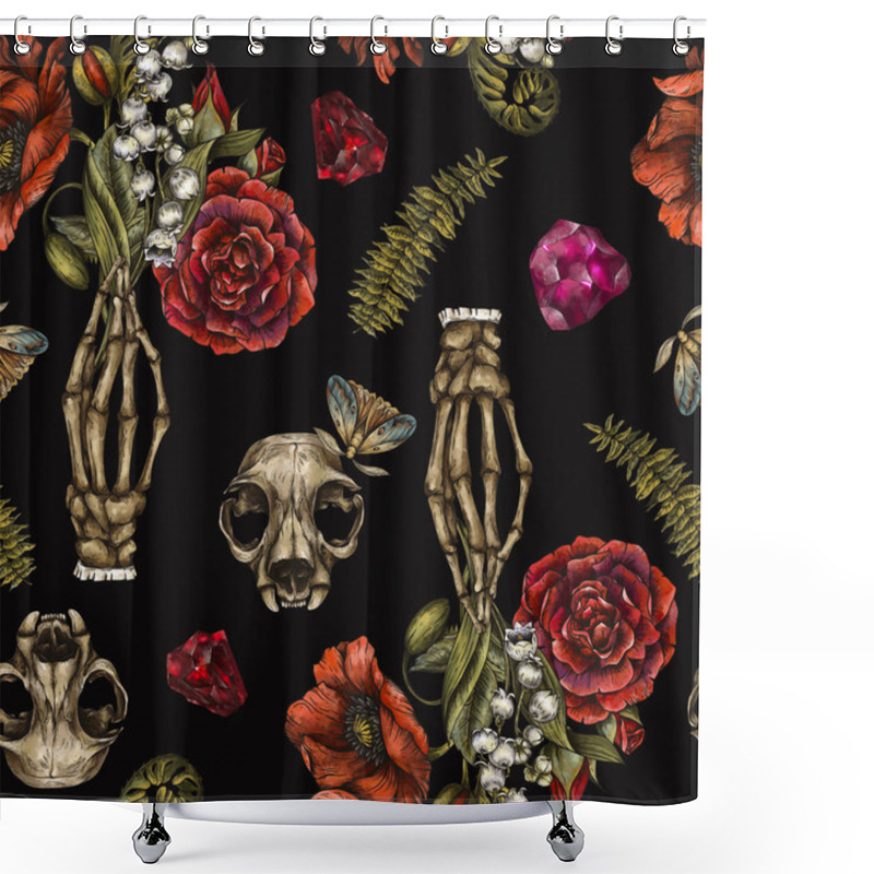 Personality  Vintage Magic Flowers Seamless Pattern, Witch Death Hand, Witchcraft Mystery Occult Texture On Black Background Shower Curtains