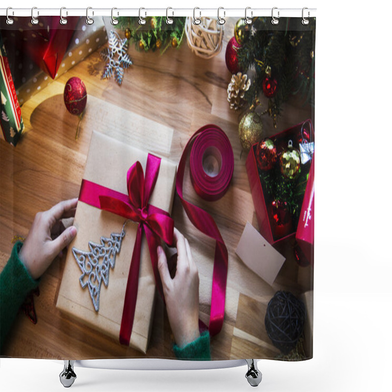 Personality  Overhead Shot Of Christmas Presents And Wrapping Papers Shower Curtains