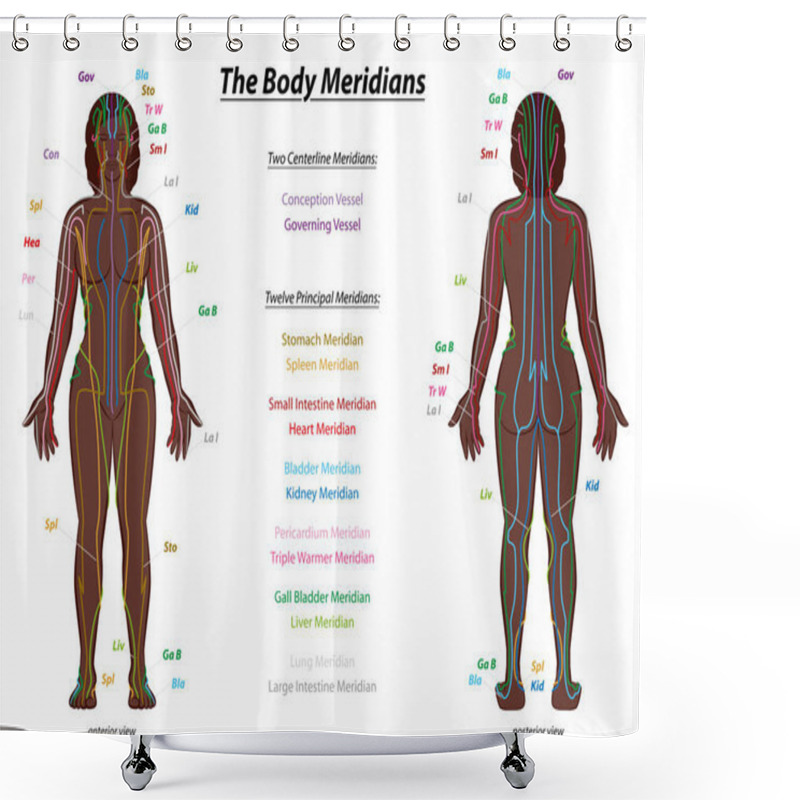 Personality  MERIDIAN SYSTEM CHART, Black Woman, Female Body With Labelled Meridians - Anterior And Posterior View - Traditional Chinese Medicine. Shower Curtains