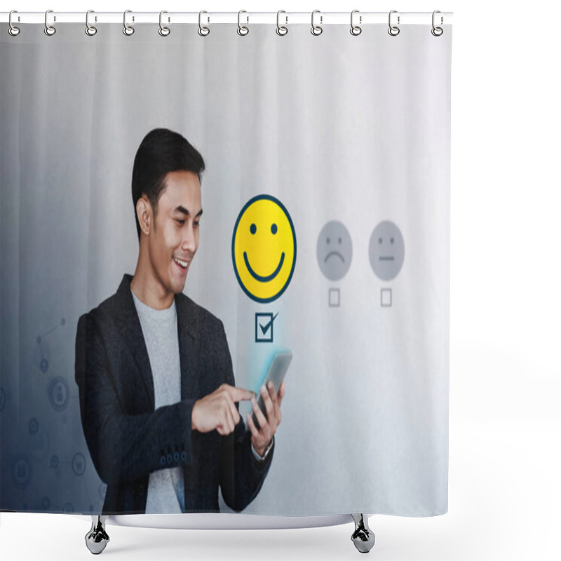 Personality  Customer Experience Concept. Young Businessman Giving His Positi Shower Curtains