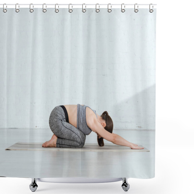 Personality  Young Woman In Sportswear Practicing Yoga In Extended Childs Pose  Shower Curtains