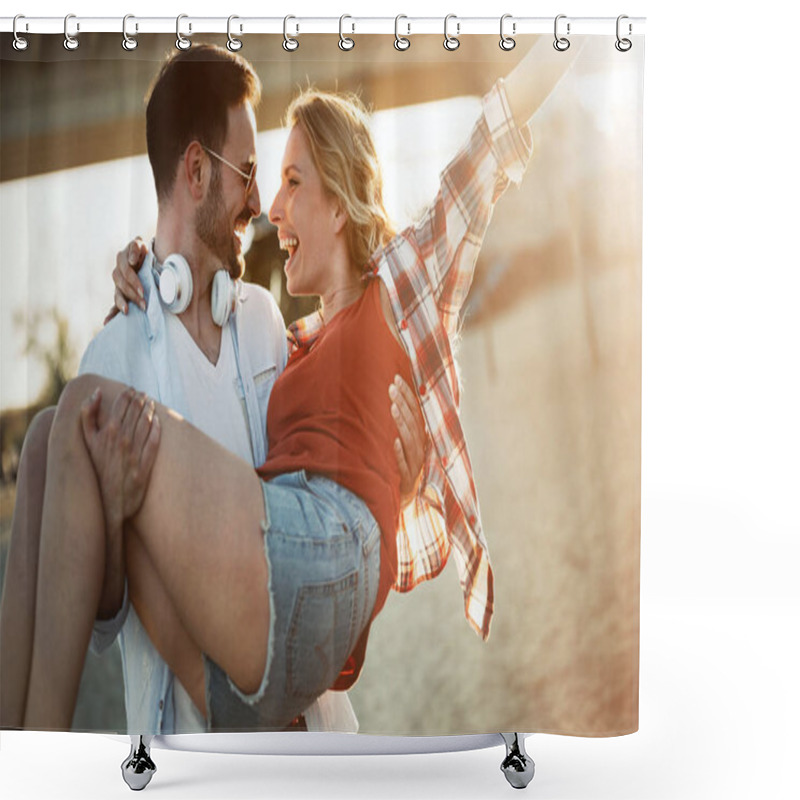 Personality  Couple In Love Having Fun At Beach Shower Curtains