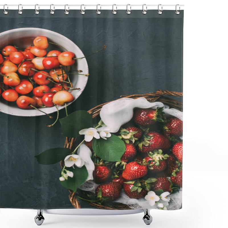 Personality  Top View Of Sweet Cherries In Bowl And Ripe Strawberries With Jasmine Flowers In Basket On Black Shower Curtains