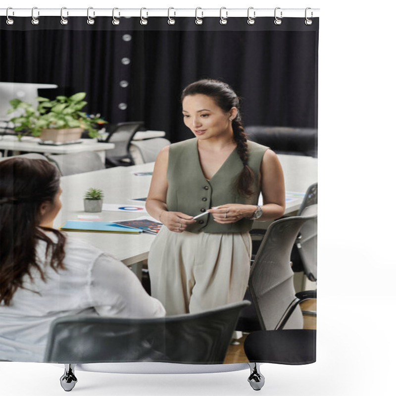 Personality  Two Professional Women Share Insights During A Productive Meeting In A Stylish Workspace. Shower Curtains