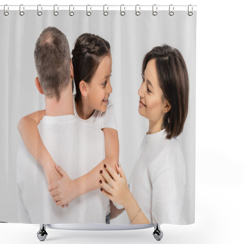 Personality  Back Of Father Holding Happy Preteen Daughter Near Cheerful Wife With Tattoo And Short Hair Smiling While Standing In White T-shirts Together On Grey Background, International Day For Protection Of Children,  Shower Curtains