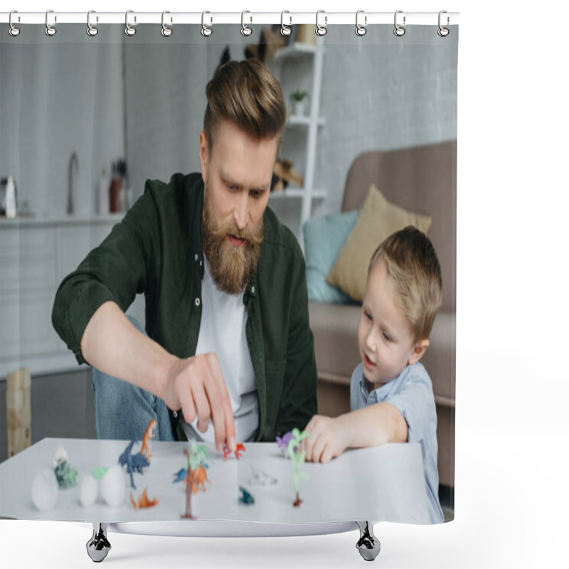 Personality  Father And Cute Little Son Playing With Various Toy Dinosaurs Together At Home Shower Curtains