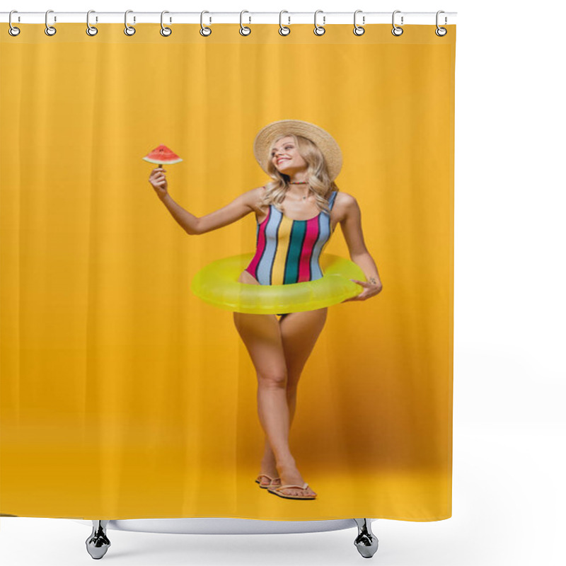 Personality  Full Length Of Smiling Woman Standing With Inflatable Ring And Holding Popsicle Stick With Watermelon On Yellow Shower Curtains