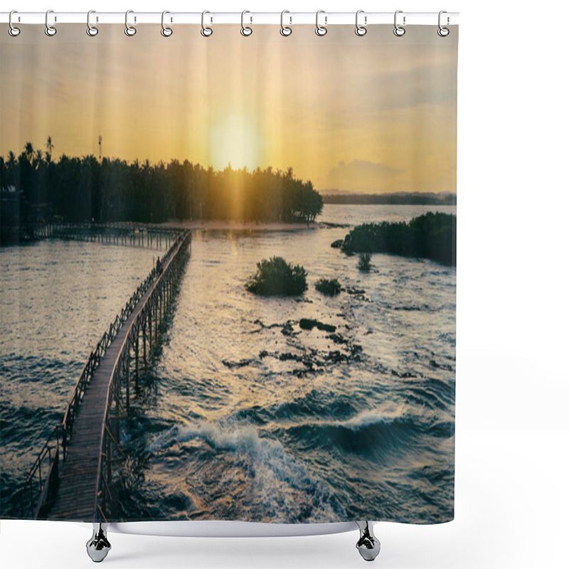 Personality   Sunset On The Seashore. Wooden Bridge On Cloud 9 Beach, Siargao Island Philippines. Shower Curtains