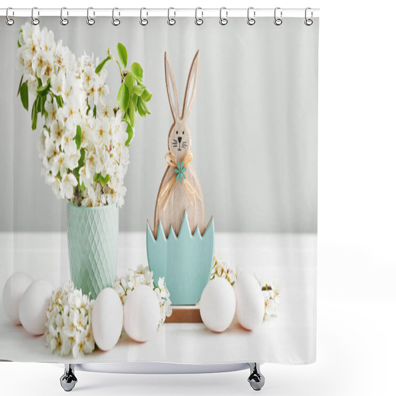 Personality  Easter Bunny And White Easter Eggs And Spring Branch With Flowers On Wooden Background. Spring Easter Greeting Card.Flowers Cherry Flowering.Spring Flowers. Beautiful Orchard.Springtime. Shower Curtains