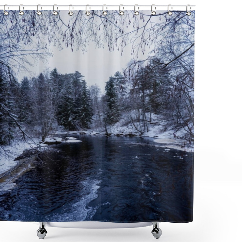 Personality  A Serene Winter Landscape Featuring A Calm River Surrounded By Snow-covered Trees. A Tranquil Scene For Seasonal, Nature, Or Travel-related Projects. Shower Curtains