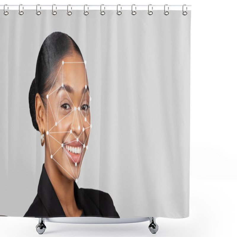 Personality  A Young African American Woman With A Confident Smile Showcases The Application Of Facial Recognition Technology. Her Expression Reflects Positivity And Professionalism, Highlighting Innovation. Shower Curtains